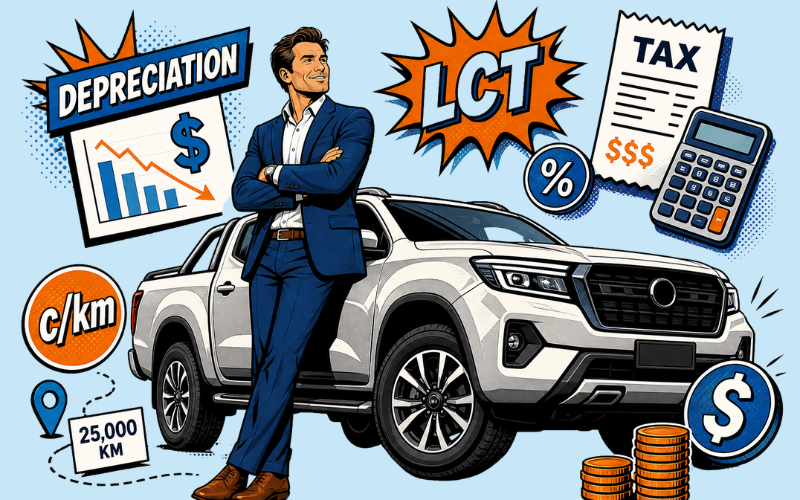 Business owner standing beside a utility vehicle with illustrations representing vehicle tax deductions, depreciation, luxury car tax (LCT), cents per kilometre claims and business vehicle expenses for the 2026-27 financial year.